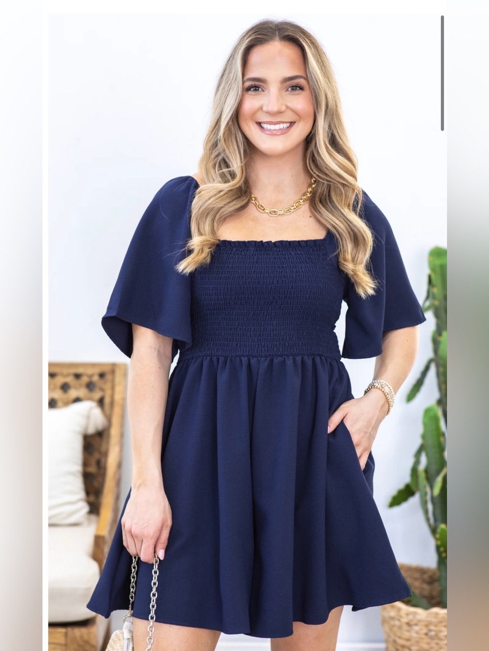 Haptics- Navy Smocked Fit and Flare Romper
